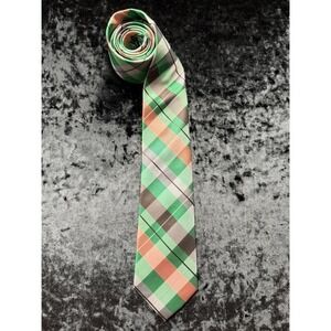 Brand G Mens Tie Green Peach Gray Plaid Microfiber Italian Design 3 Inch